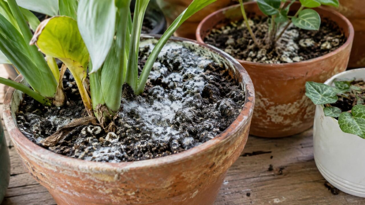 moho blanco en la tierra de las plantas